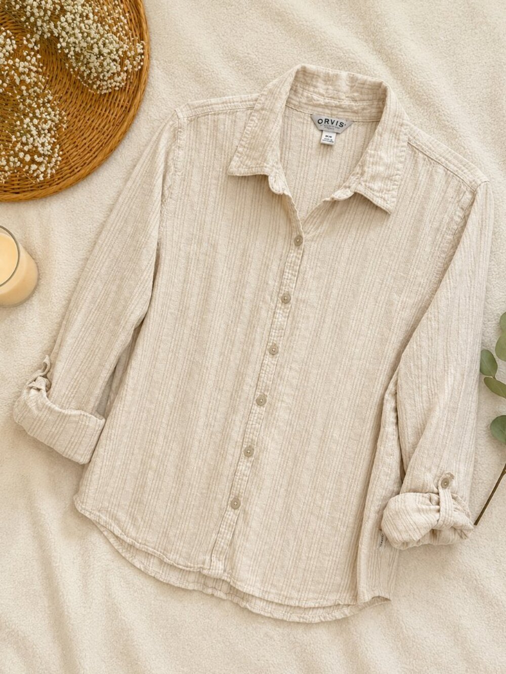 Orvis Linen Blend Button Up Shirt Women’s Medium Beige  Coastal Cottagecore